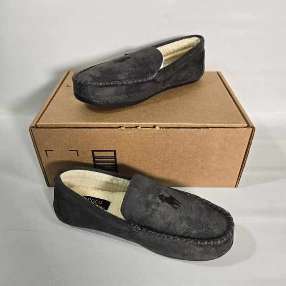 Polo Ralph Lauren Declan Moccasin Slipper Mens 8 Gray Suede Indoor Outdoor NIB